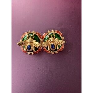 Gold Tone Blue Stone& Red & Green Enamel Faux Pearls Bee Stud Earrings